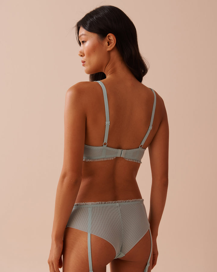 Unlined Balconette Mesh and Ruffle Bra - Green Floral Embroidery