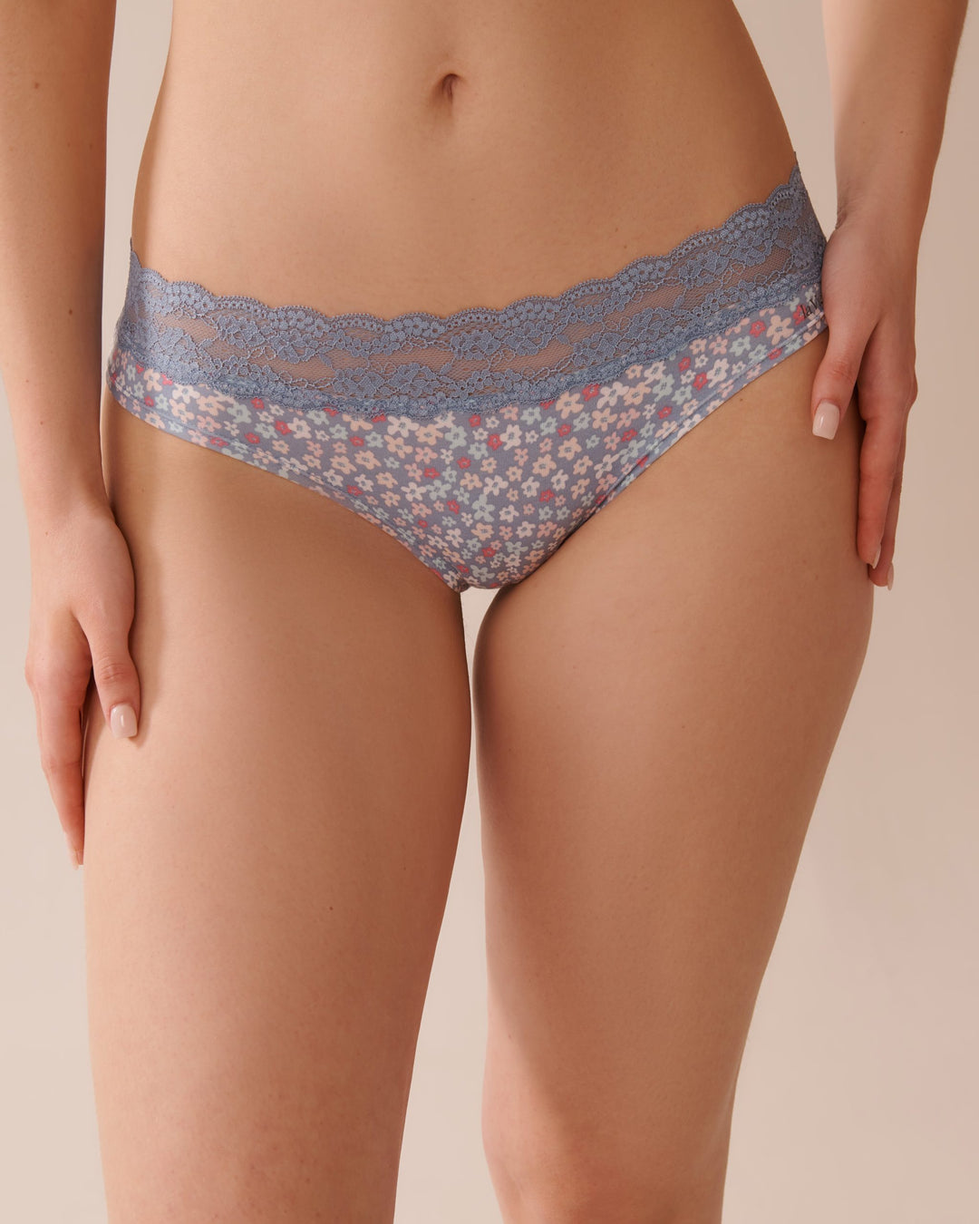 Cotton and Lace Band Cheeky Panty - Faded Denim Ditsy
