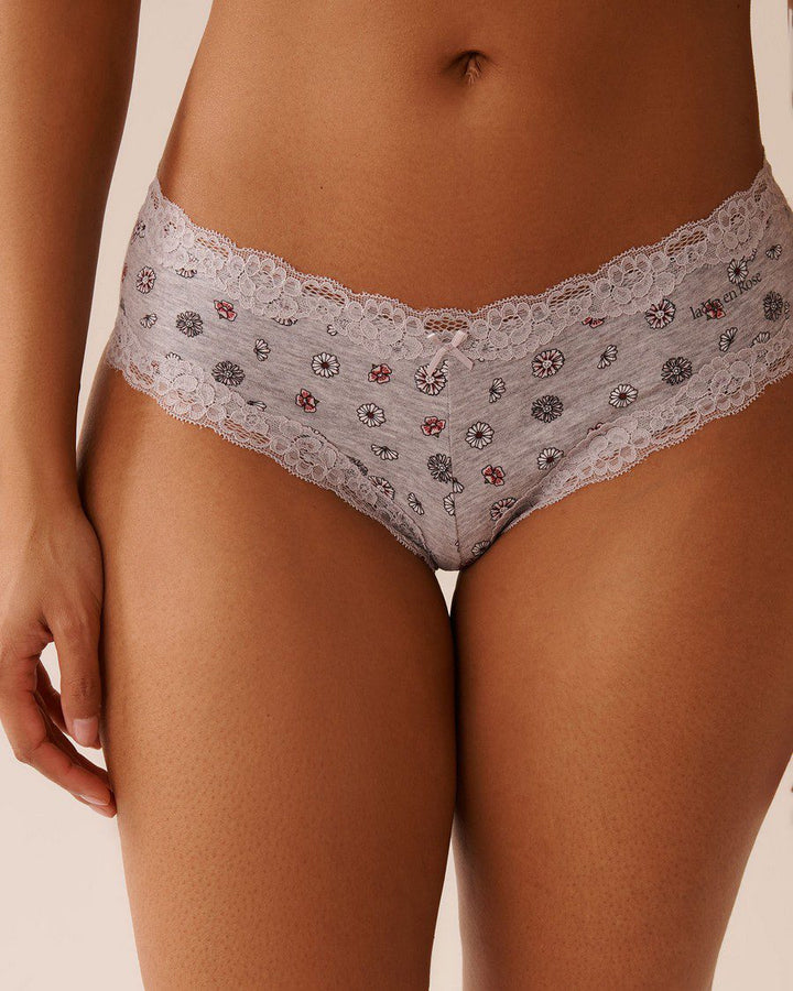 Cotton and Lace Trim Cheeky Panty - Gray