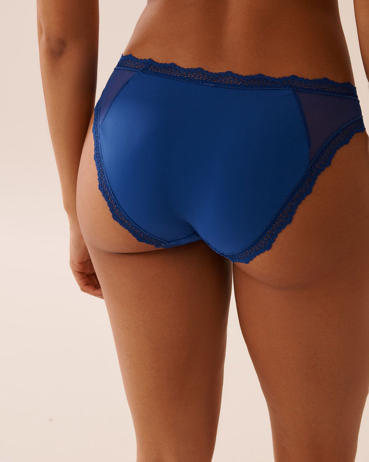 Mesh and Lace Trim Bikini Panty - Mazarine Blue