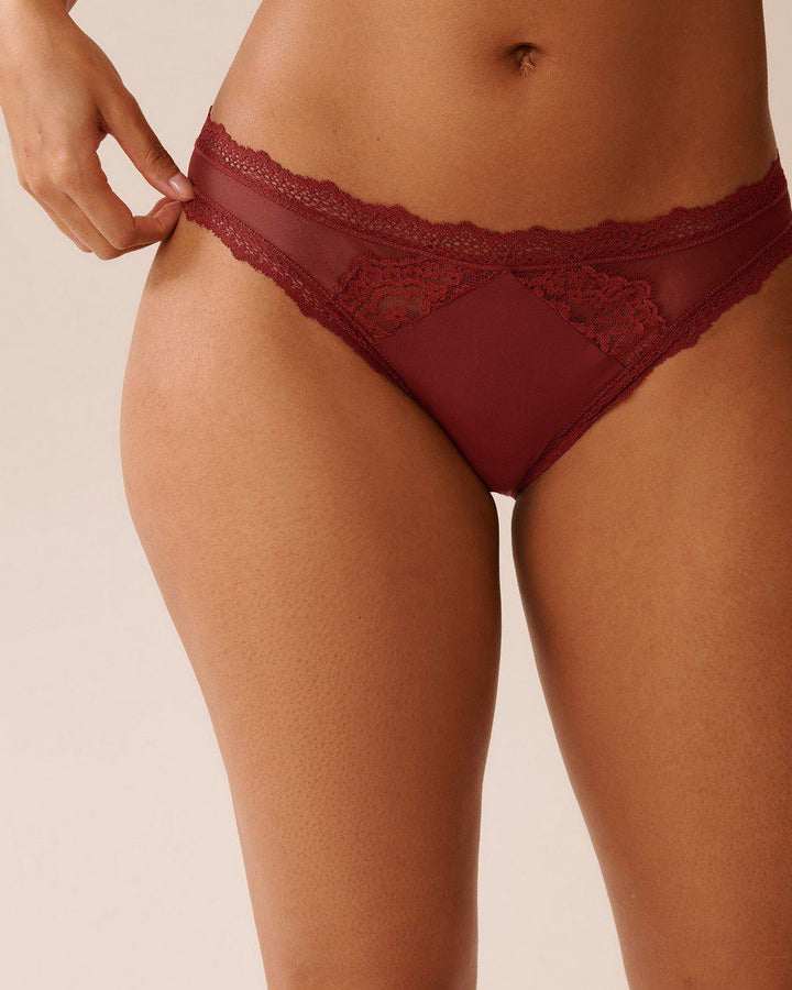Mesh and Lace Trim Bikini Panty - Mazarine Blue