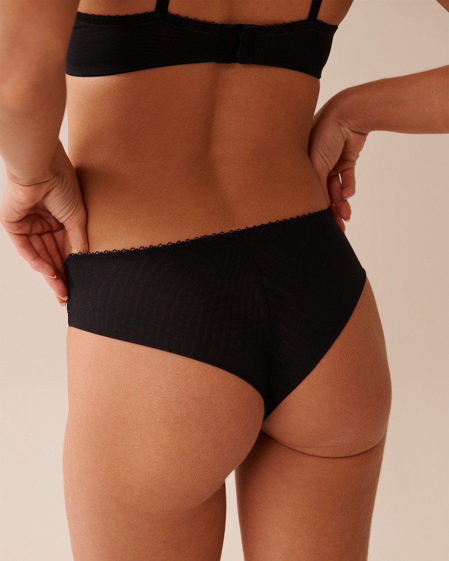 Embroidered Mesh Cheeky Panty - Pink Black Flowers
