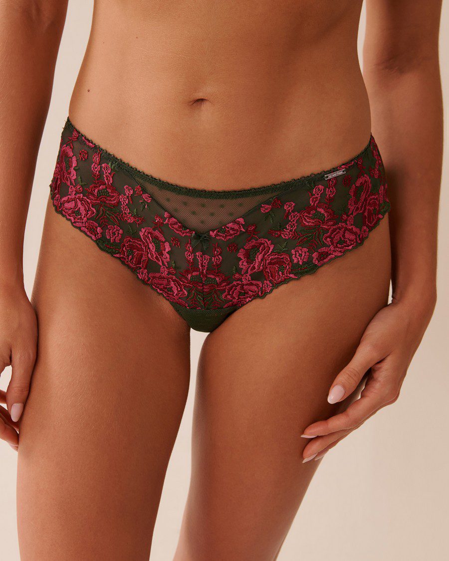 Embroidered Mesh Cheeky Panty - Green Pink Floral