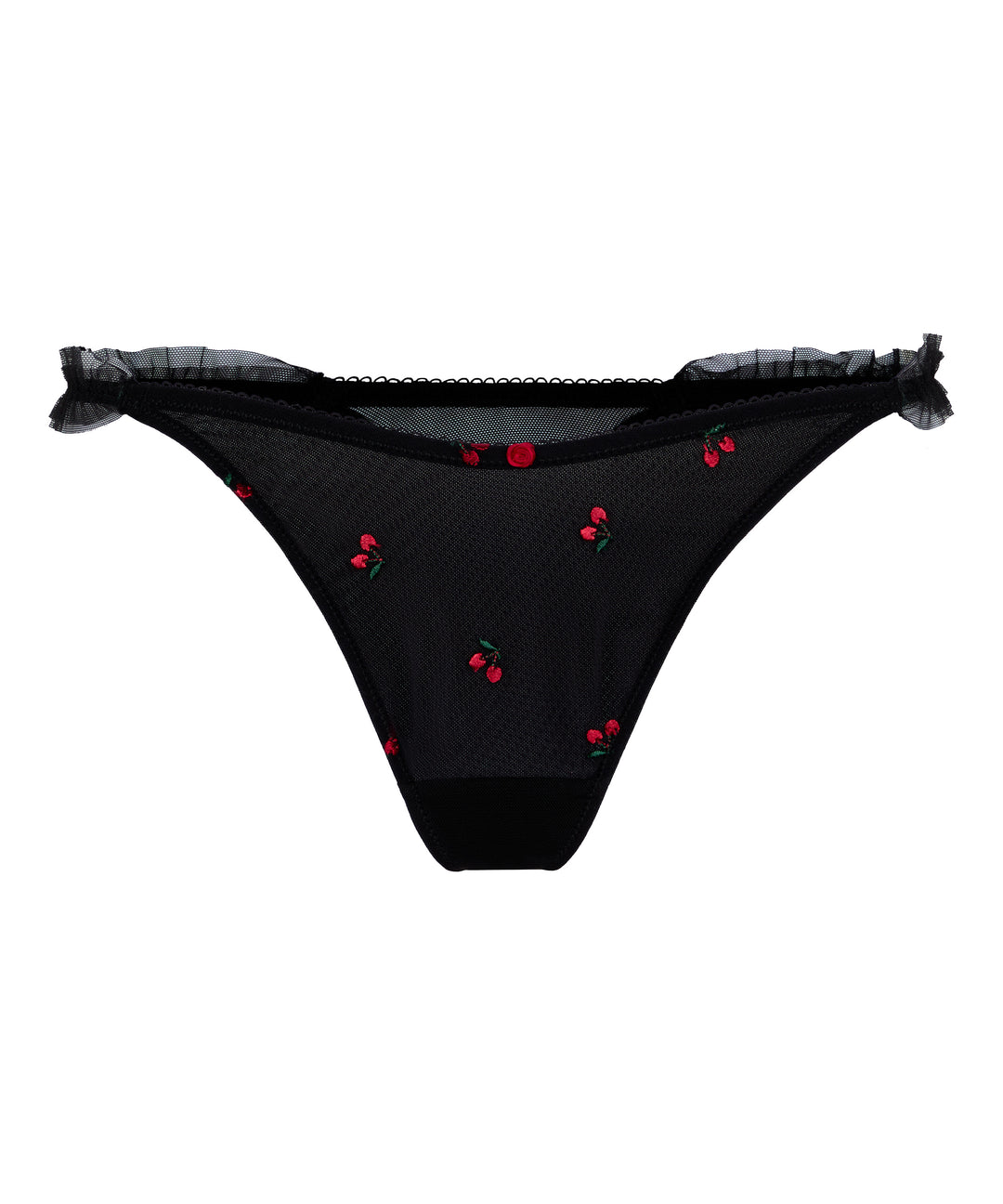 Cherry Embroidered Mesh Ruffle Thong