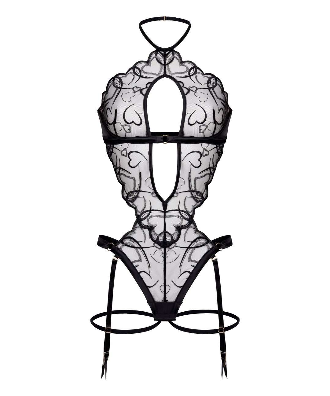 Embroidered Mesh Halter Teddy with Garter Straps