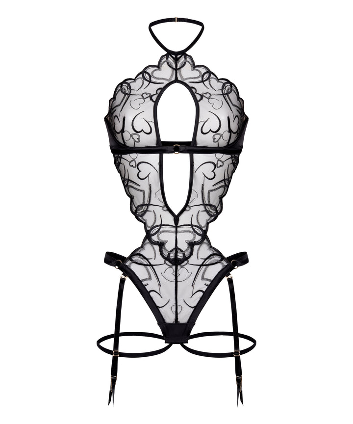 Embroidered Mesh Halter Teddy with Garter Straps