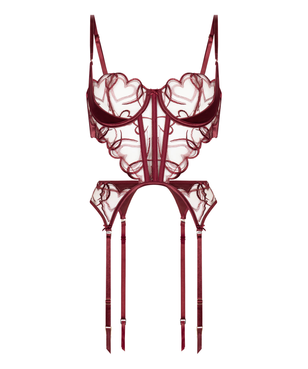 Heart Embroidered Mesh Corset Set with Garter Belt