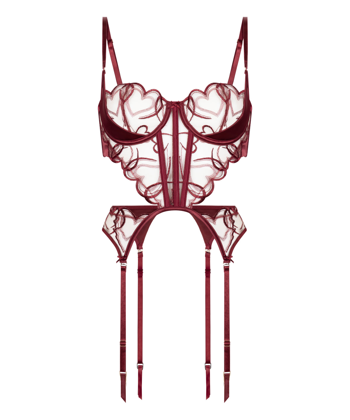Heart Embroidered Mesh Corset Set with Garter Belt