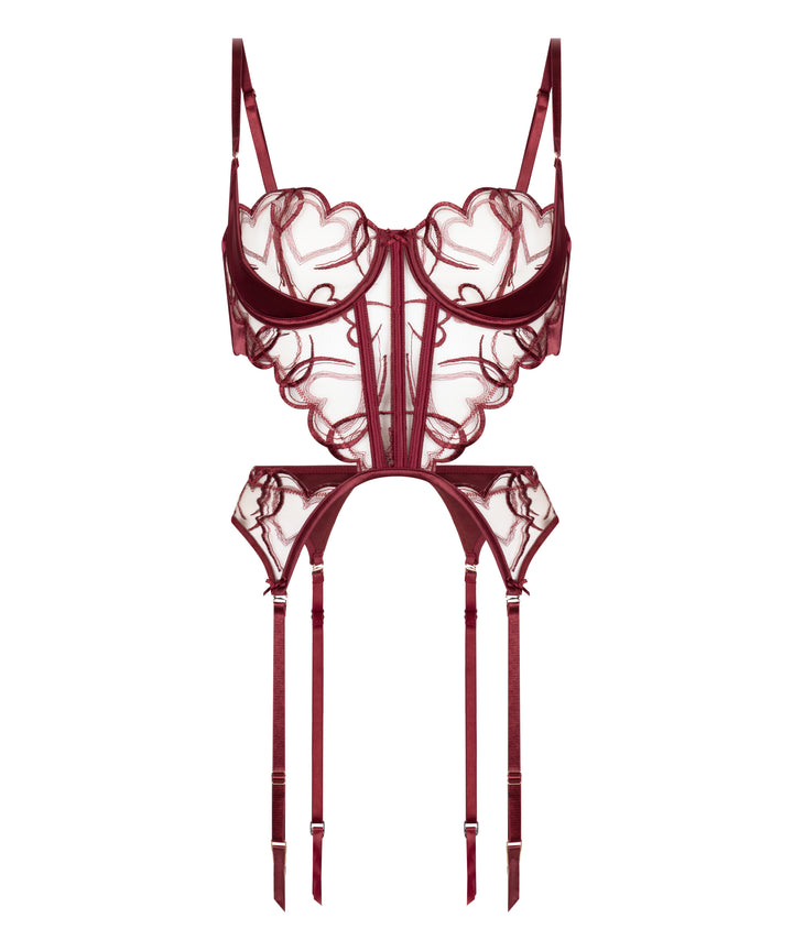 Heart Embroidered Mesh Corset Set with Garter Belt