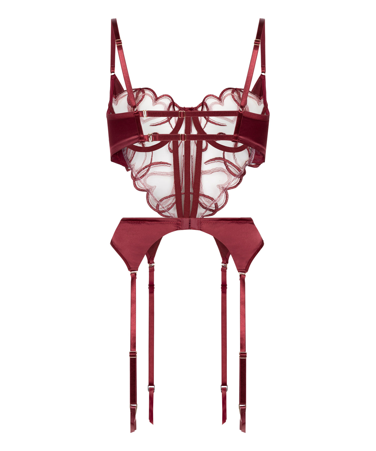 Heart Embroidered Mesh Corset Set with Garter Belt
