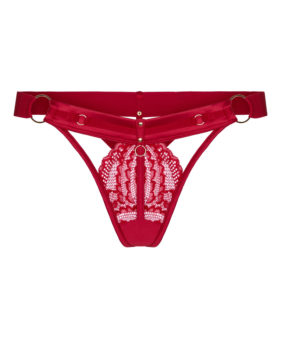 Lace &amp; Satin Strappy Thong with Gold Rings