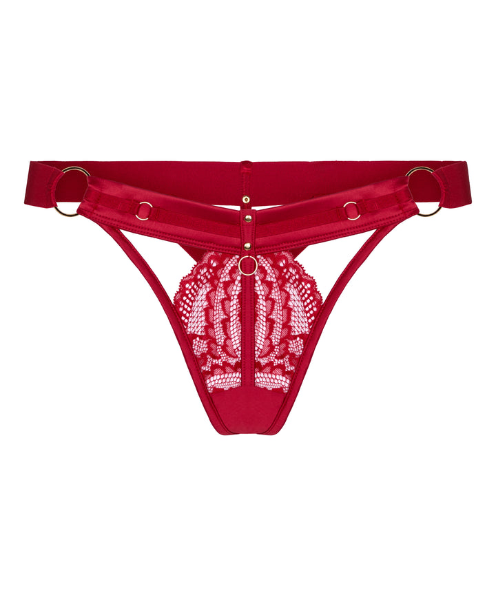 Lace &amp; Satin Strappy Thong with Gold Rings