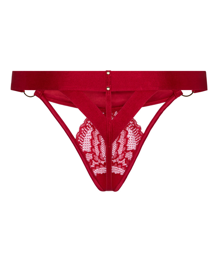 Lace &amp; Satin Strappy Thong with Gold Rings