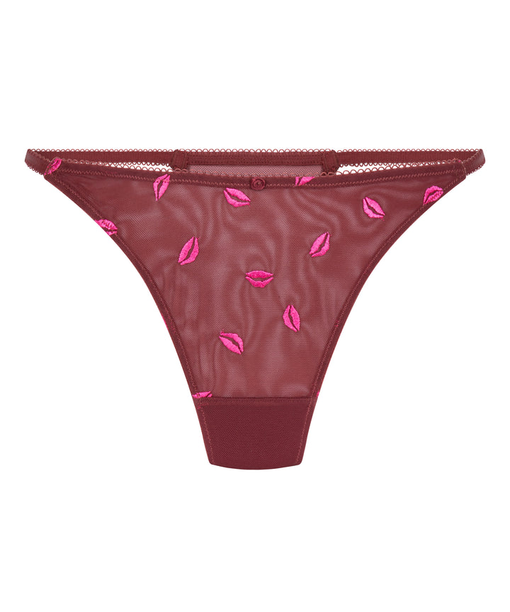 Embroidered Lips Mesh Thong Brief