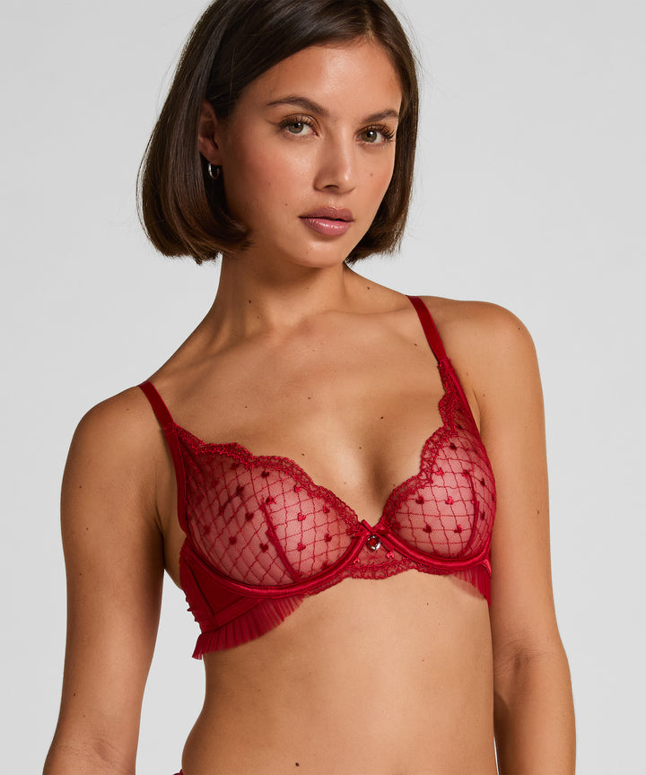 Heart Embroidered Lace Underwire Plunge Bra