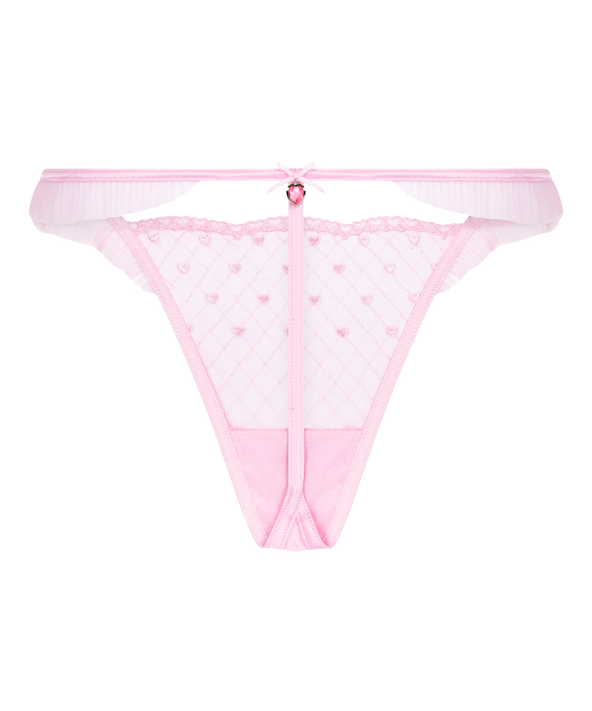 Heart Embroidered Mesh Ruffle Thong Brief