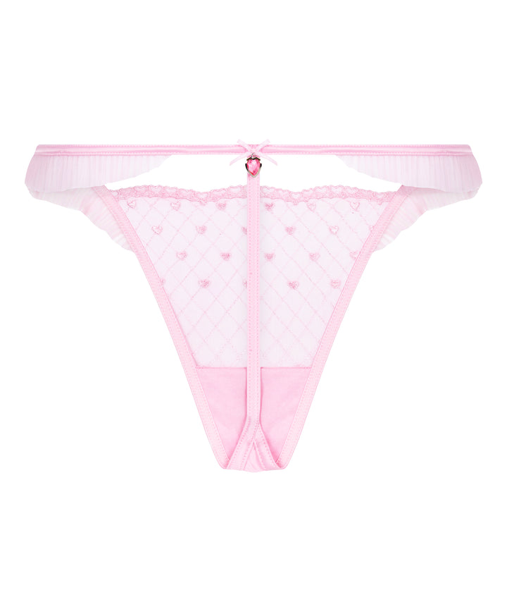 Heart Embroidered Mesh Ruffle Thong Brief