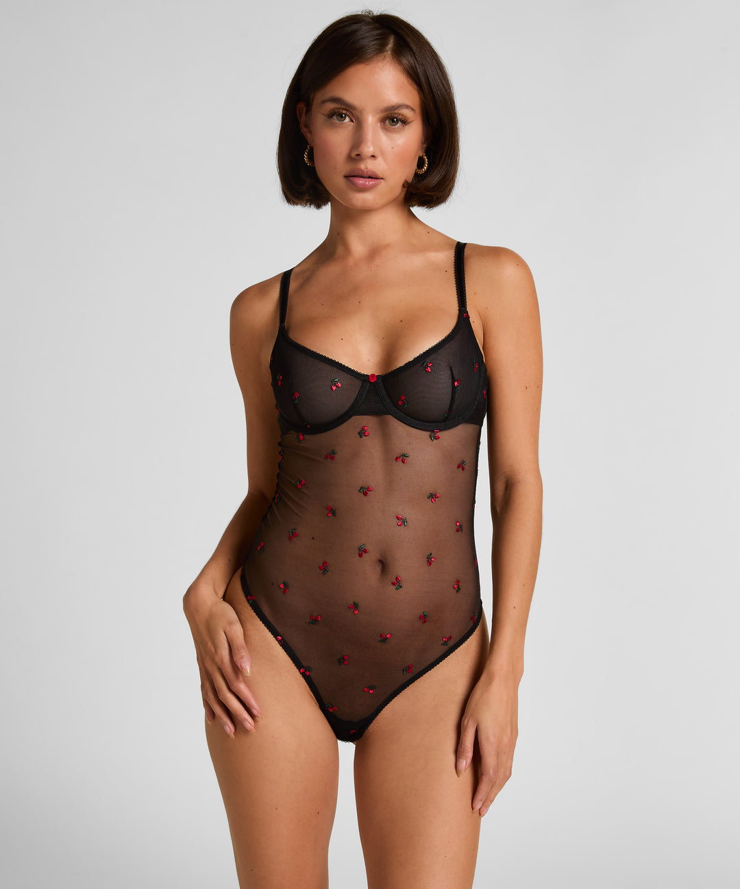 Cherry Embroidered Sheer Mesh Underwire Bodysuit