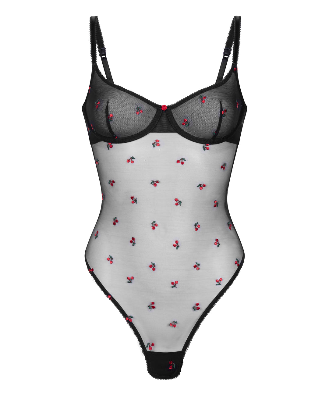 Cherry Embroidered Sheer Mesh Underwire Bodysuit