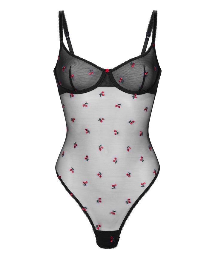 Cherry Embroidered Sheer Mesh Underwire Bodysuit