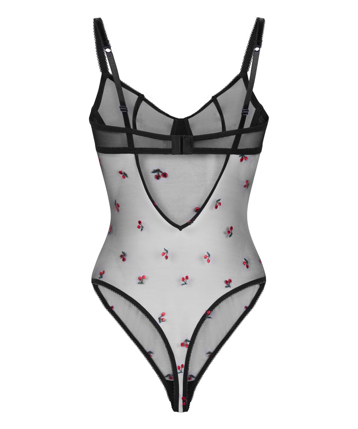 Cherry Embroidered Sheer Mesh Underwire Bodysuit