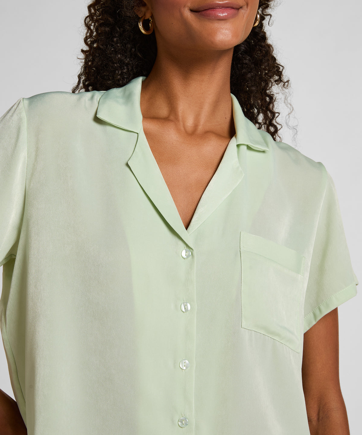 Women's Relaxed Fit Satin Short Sleeve Pajama Shirt