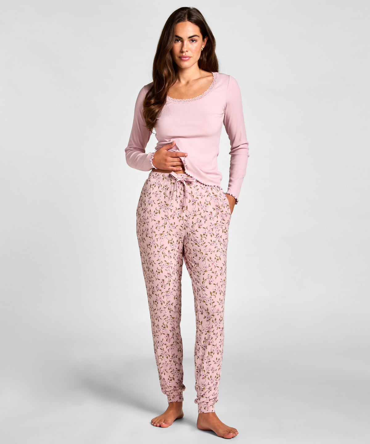 Top Ls Jersey Rib Lace - Pale Mauve