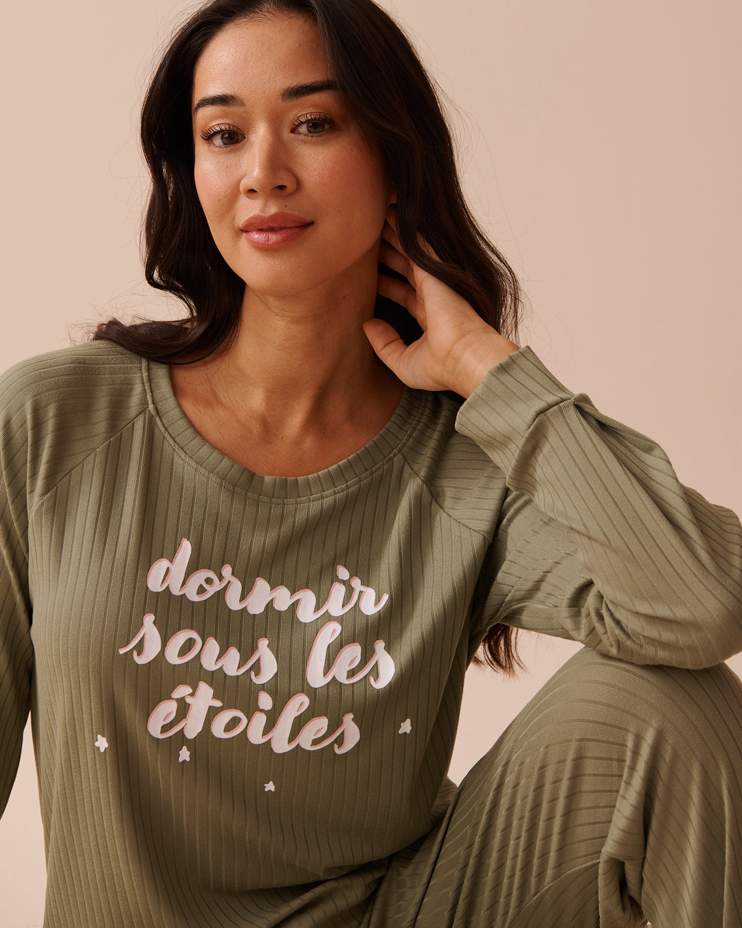 Dog Print Ribbed Jersey Long Sleeve Shirt - Oil Green