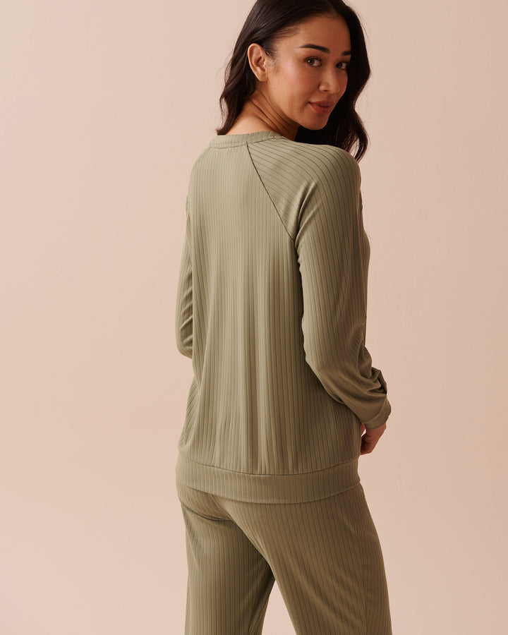 Dog Print Ribbed Jersey Long Sleeve Shirt - Oil Green
