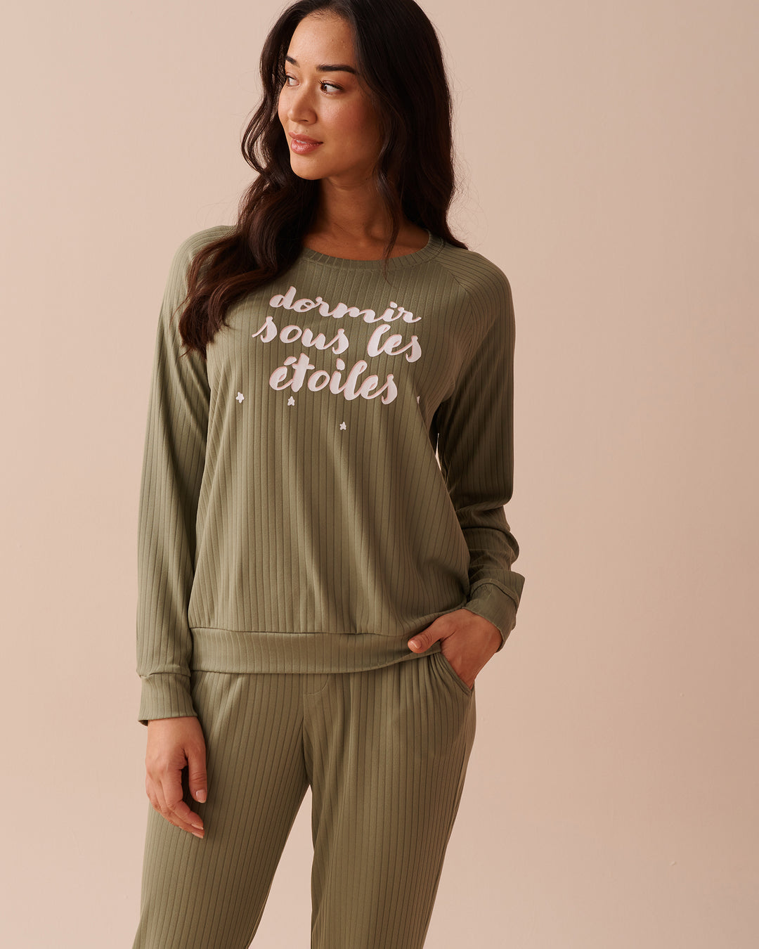Dog Print Ribbed Jersey Long Sleeve Shirt - Oil Green