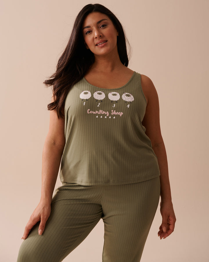 Sheep Print Ribbed Jersey Cami - Oil Green