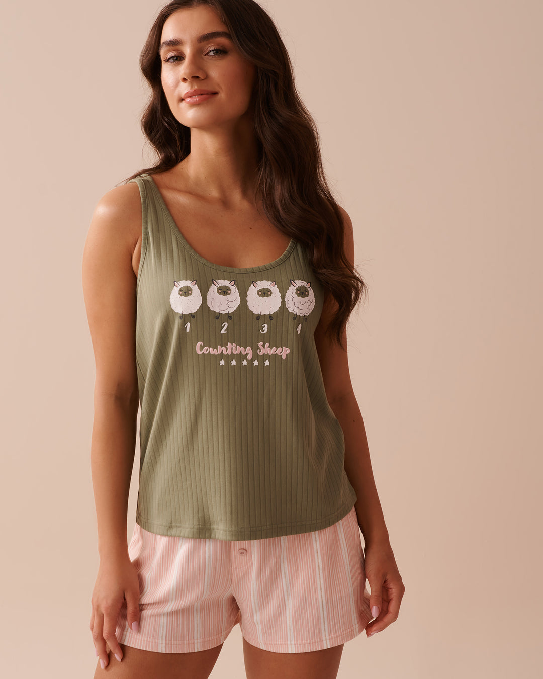 Sheep Print Ribbed Jersey Cami - Oil Green