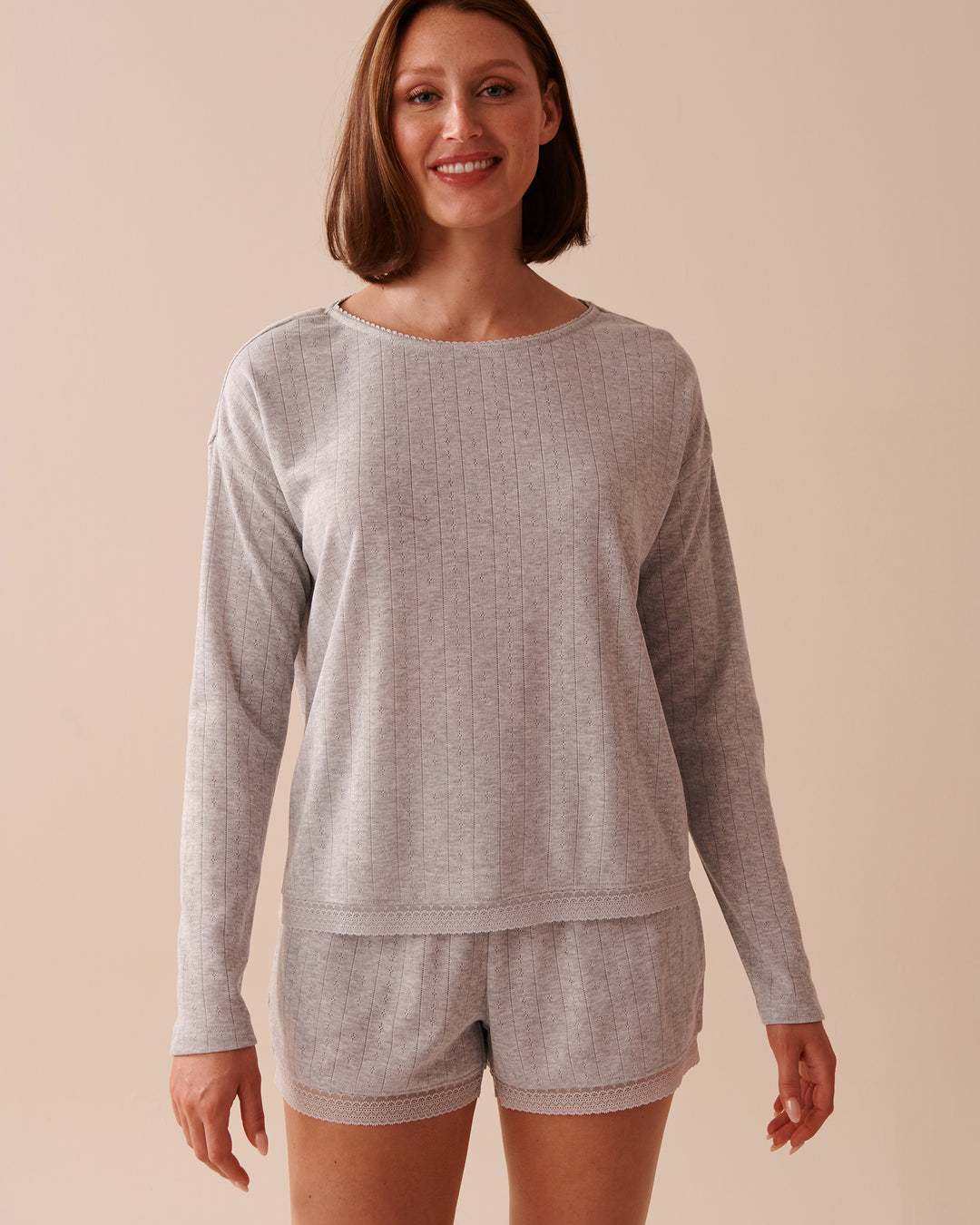 Lace Trim Pointelle Knit Long Sleeve Shirt - Oil Green