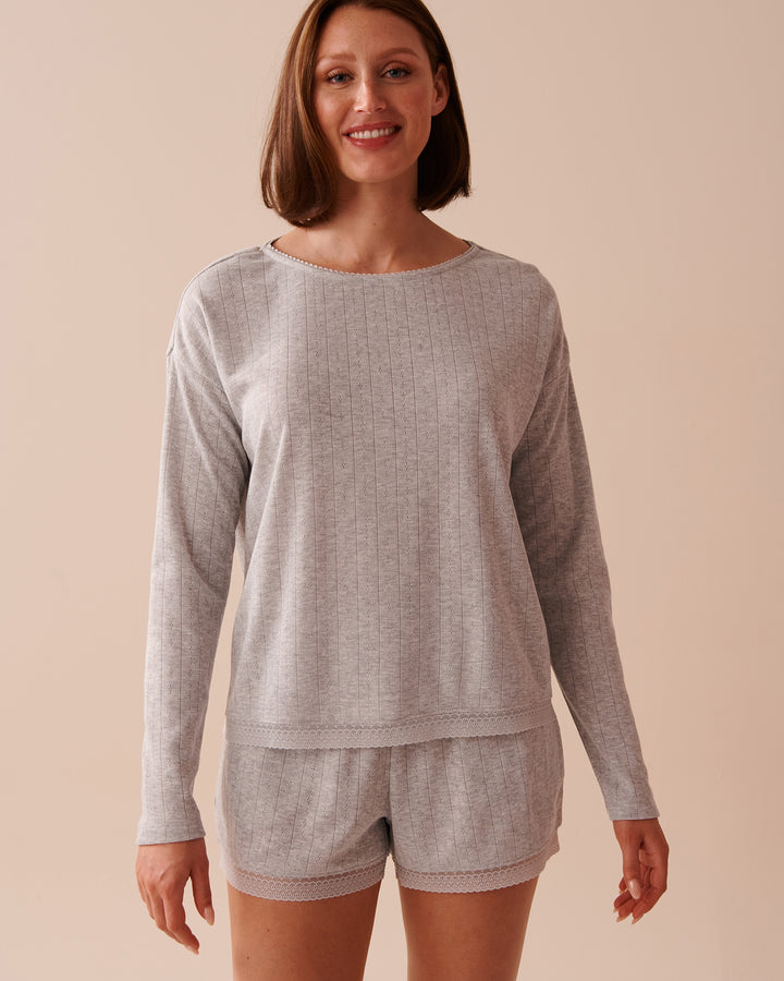 Lace Trim Pointelle Knit Long Sleeve Shirt - Heather Rose