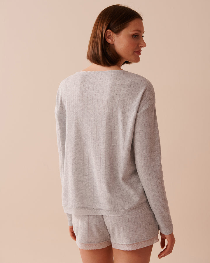Lace Trim Pointelle Knit Long Sleeve Shirt - Comfy Grey Mix