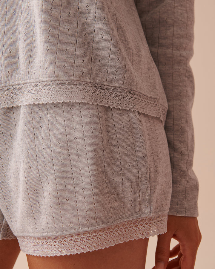 Lace Trim Pointelle Knit Long Sleeve Shirt - Heather Rose