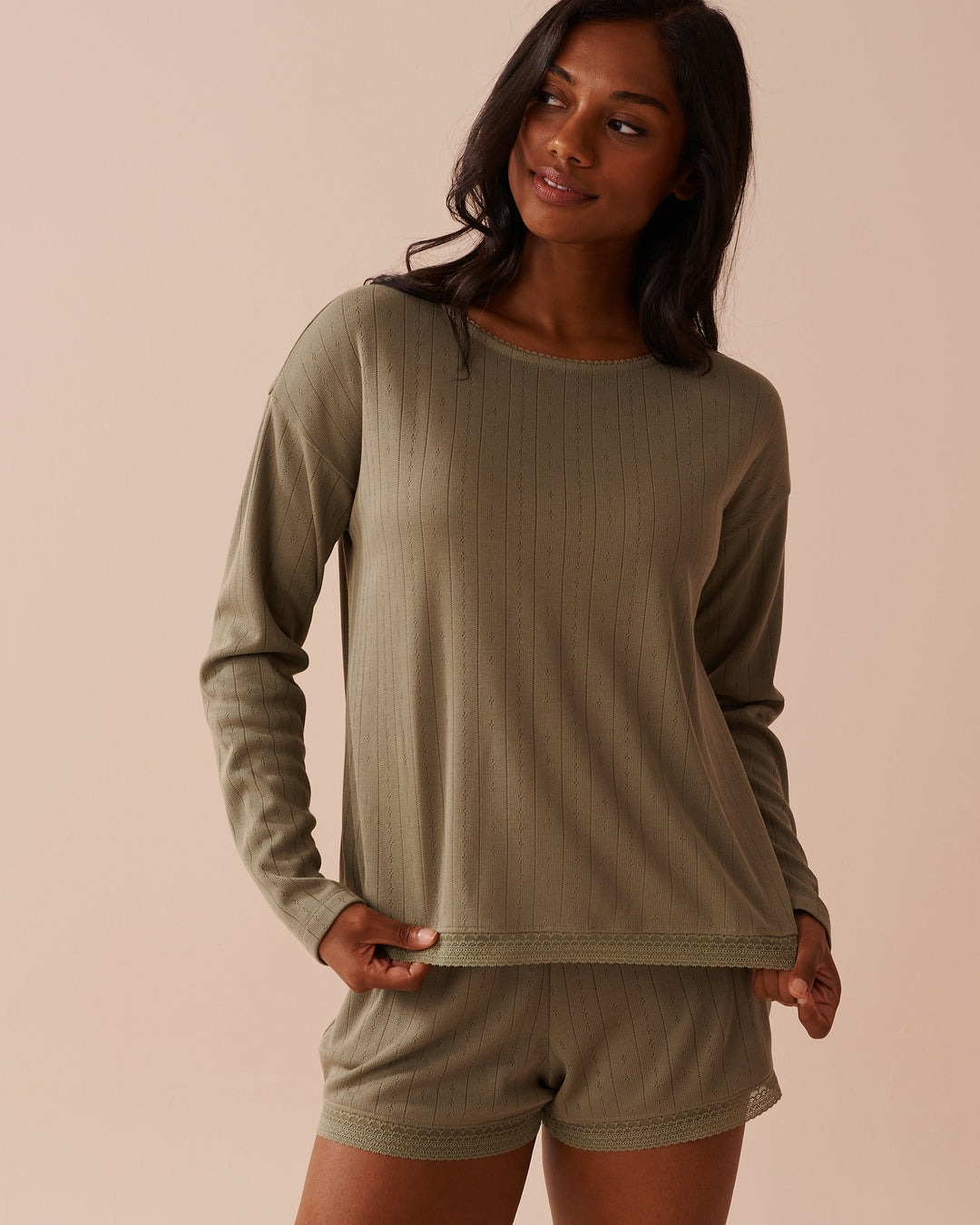 Lace Trim Pointelle Knit Long Sleeve Shirt - Heather Rose