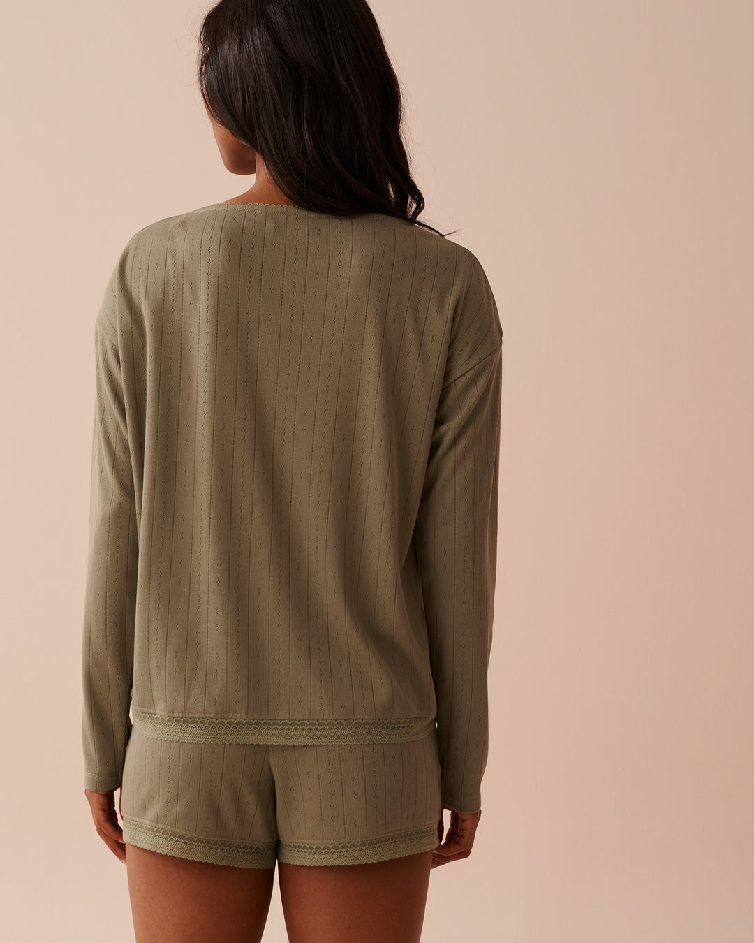 Lace Trim Pointelle Knit Long Sleeve Shirt - Comfy Grey Mix