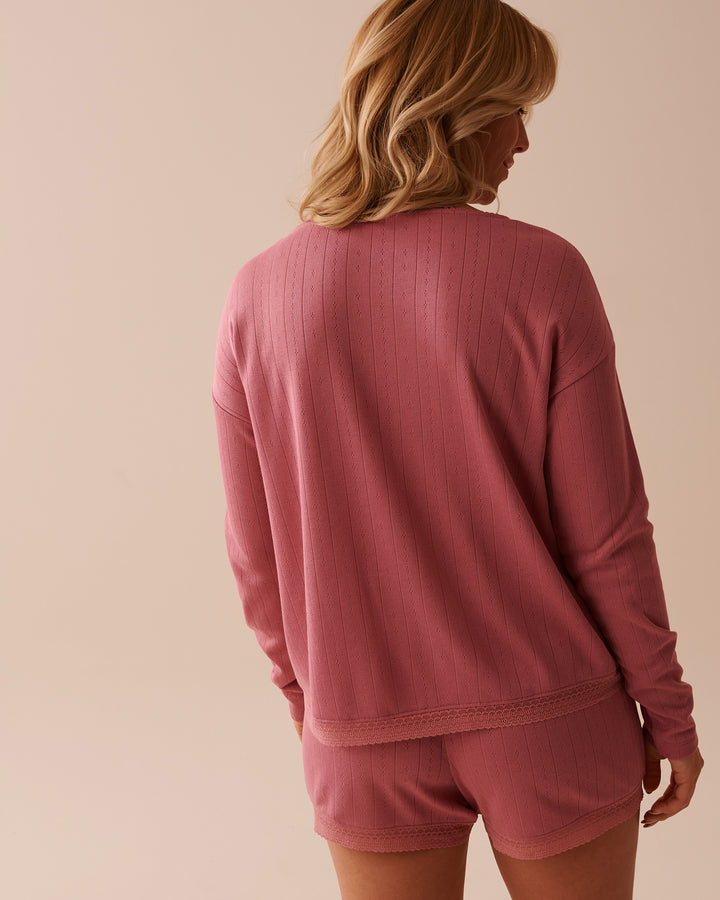 Lace Trim Pointelle Knit Long Sleeve Shirt - Heather Rose
