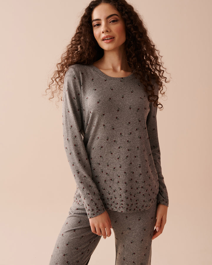 Rose Print Recycled Fibers Long Sleeve Shirt - Comfy Charcoal Mix Roses