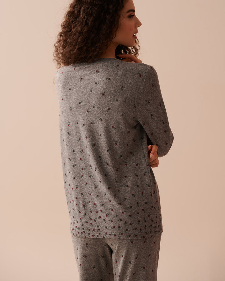 Rose Print Recycled Fibers Long Sleeve Shirt - Comfy Charcoal Mix Roses
