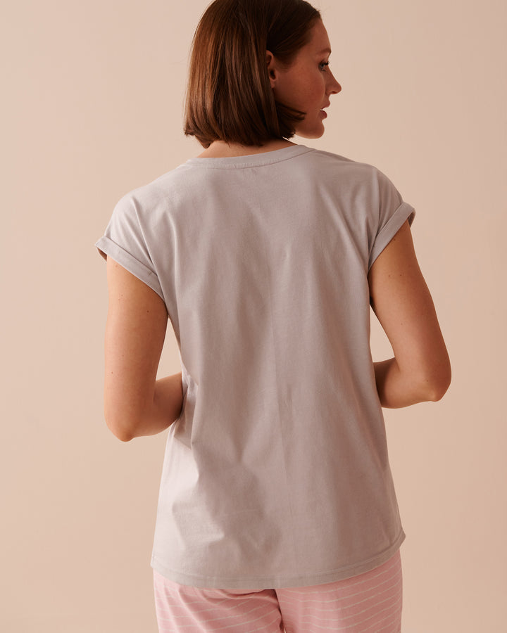 Apple Print Cotton Crew Neck T-shirt - Blue Fog