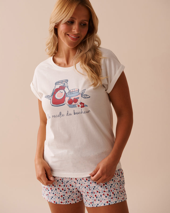 Apple Print Cotton Crew Neck T-shirt - Blue Fog