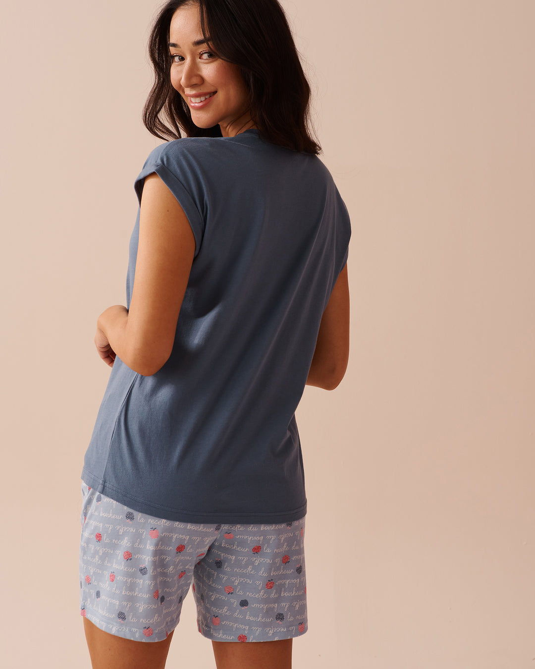 Apple Print Cotton Crew Neck T-shirt - China Blue