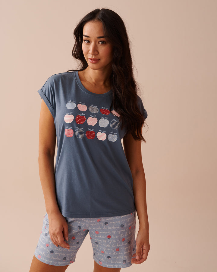 Apple Print Cotton Crew Neck T-shirt - Microchip