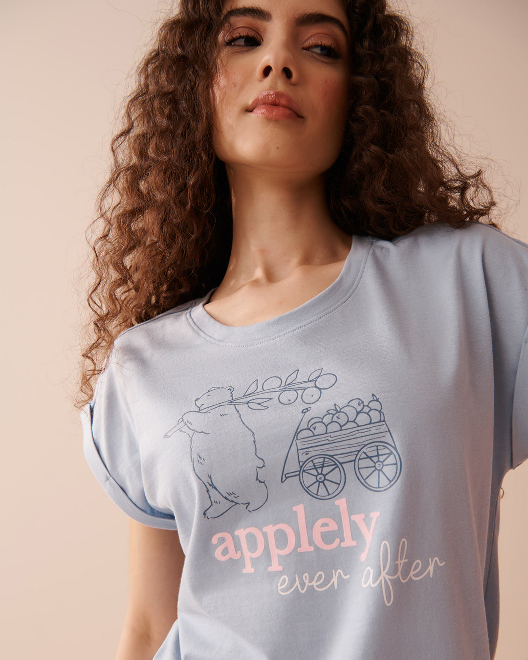 Apple Print Cotton Crew Neck T-shirt - China Blue