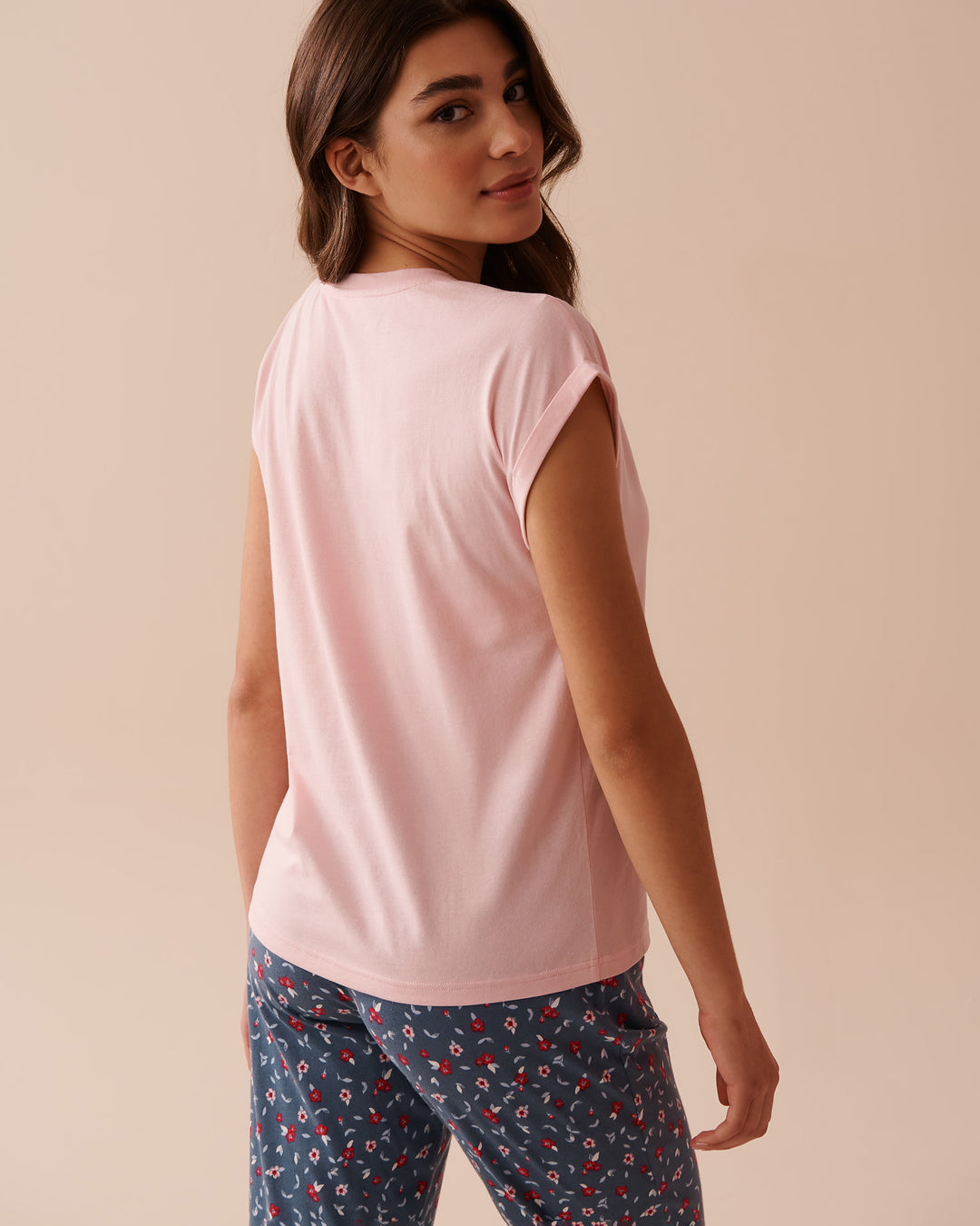 Apple Print Cotton Crew Neck T-shirt - Blue Fog
