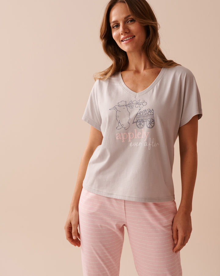 Apple Print Cotton V-neck T-shirt - China Blue Wording Screen