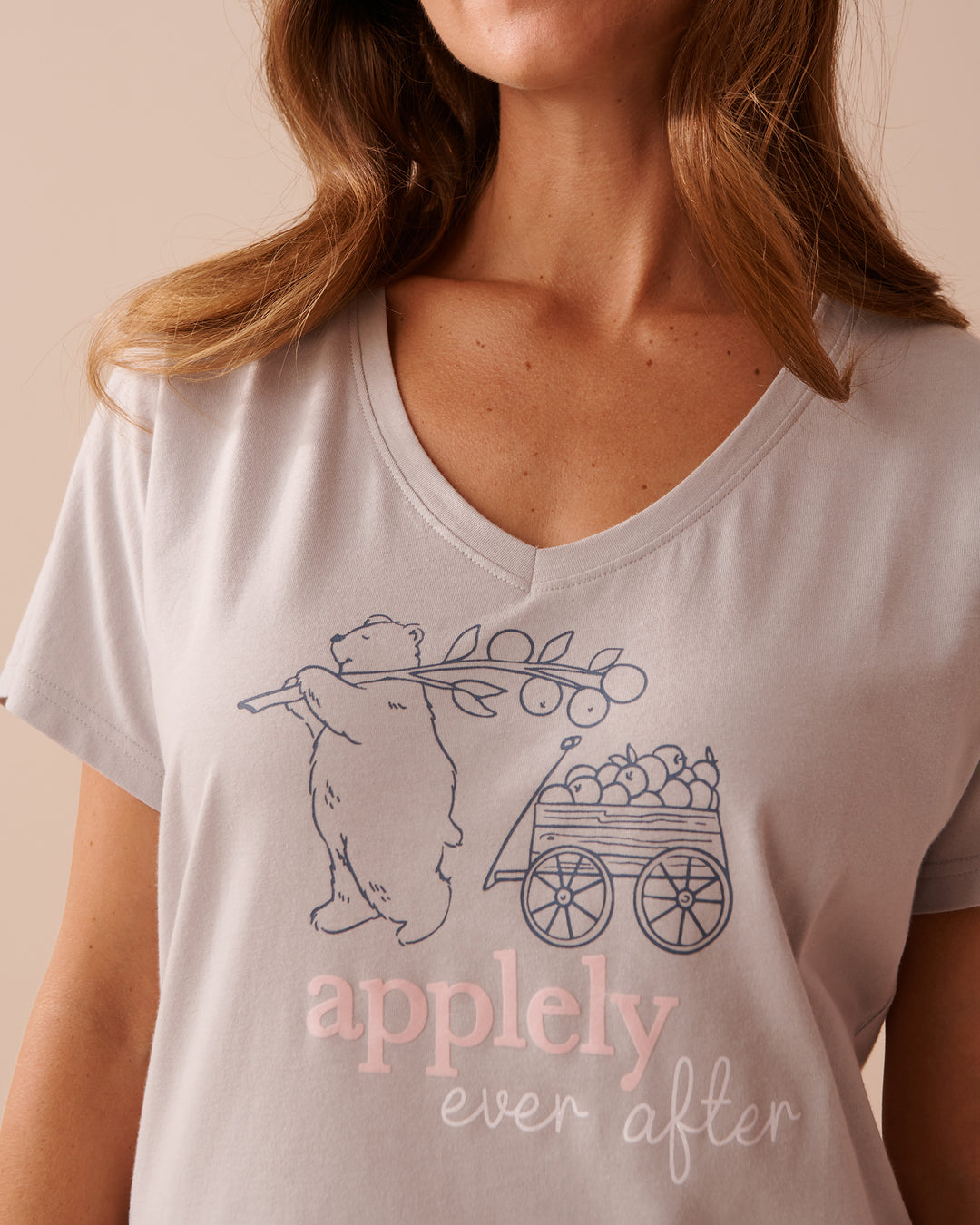 Apple Print Cotton V-neck T-shirt - China Blue