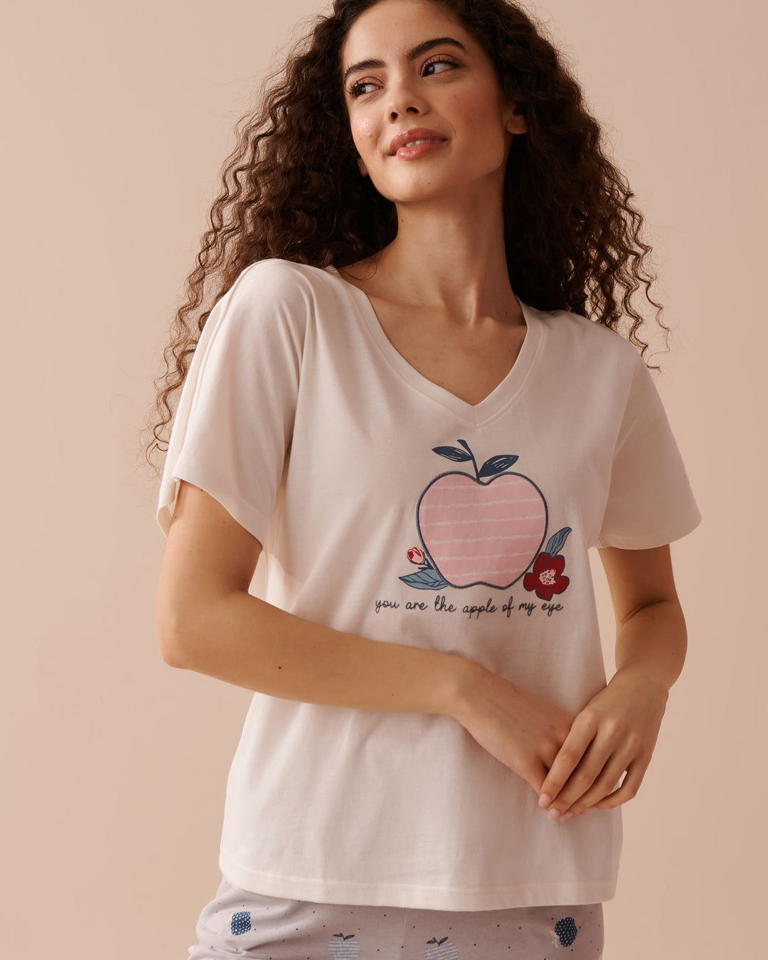 Apple Print Cotton V-neck T-shirt - China Blue Wording Screen